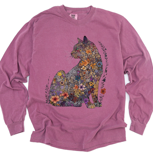 Floral Cat - Comfort Colors Long Sleeve Premium T Shirt