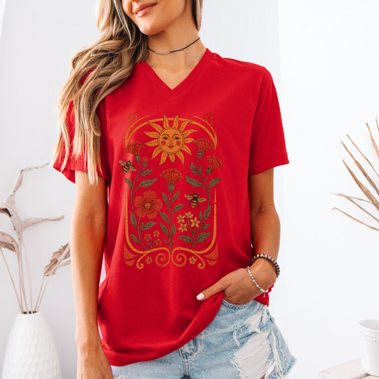 Golden Floral - Bella Canvas Short Sleeve V Neck
