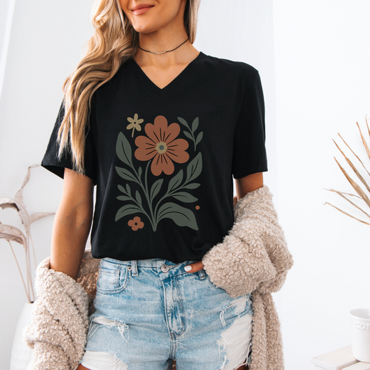 Orange Flower - Bella Canvas Short Sleeve V Neck