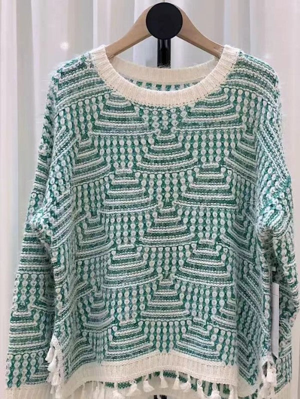 Plaid Knit Sweater With Fringe