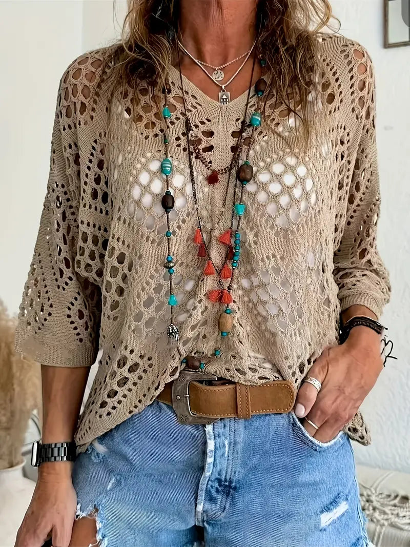 Green Bohemia - V-Neck Semi-Sheer Resort Style Pullover