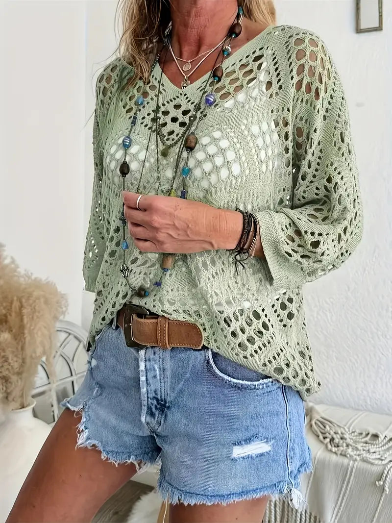 Green Bohemia - V-Neck Semi-Sheer Resort Style Pullover