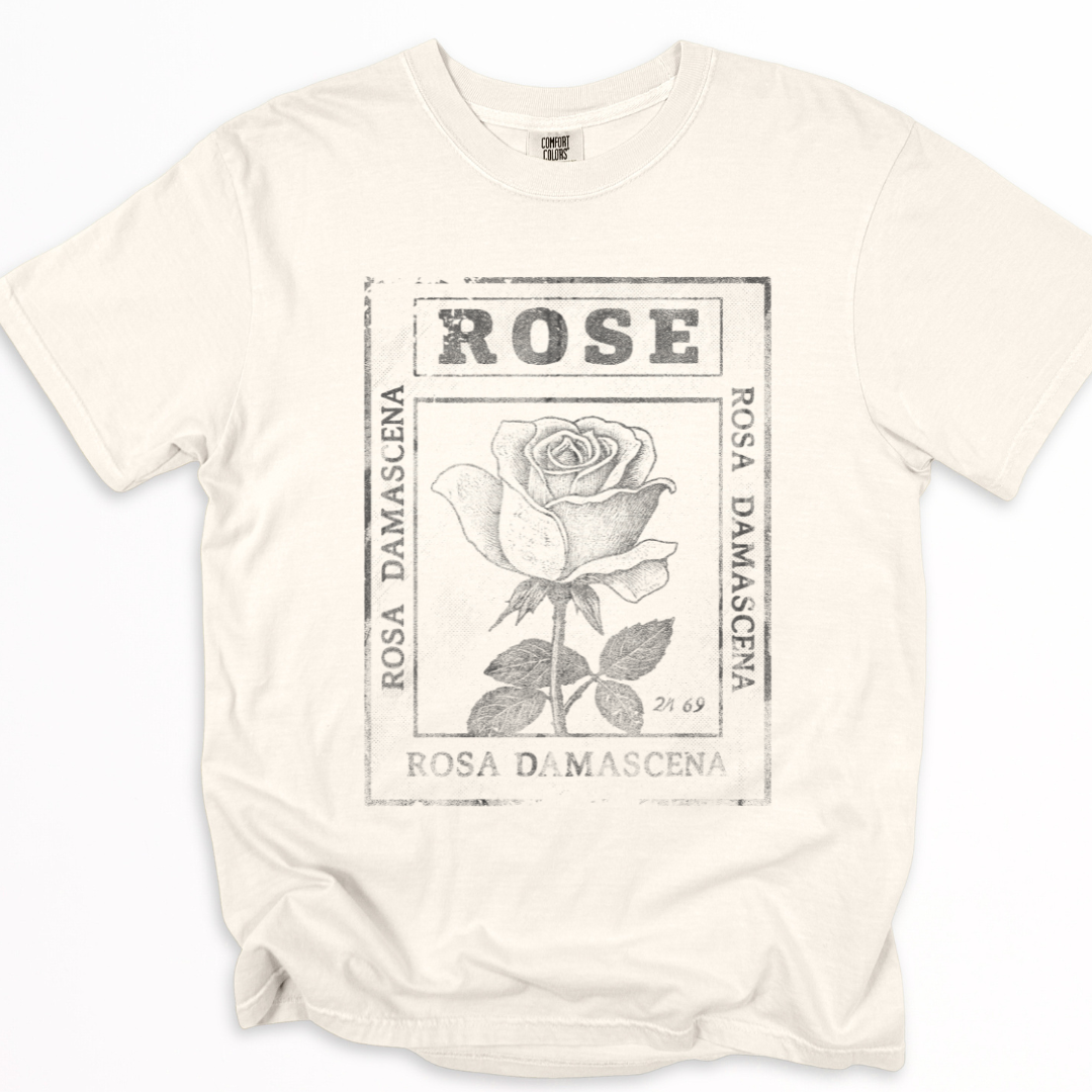 Rosa Damascena, Vintage Faded Print - Relaxed Fit Vintage Wash T Shirt