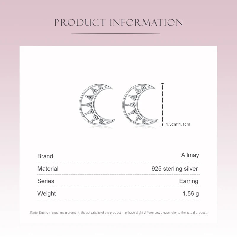 925 Sterling Silver Cubic Zirconia Moon Stud Earrings