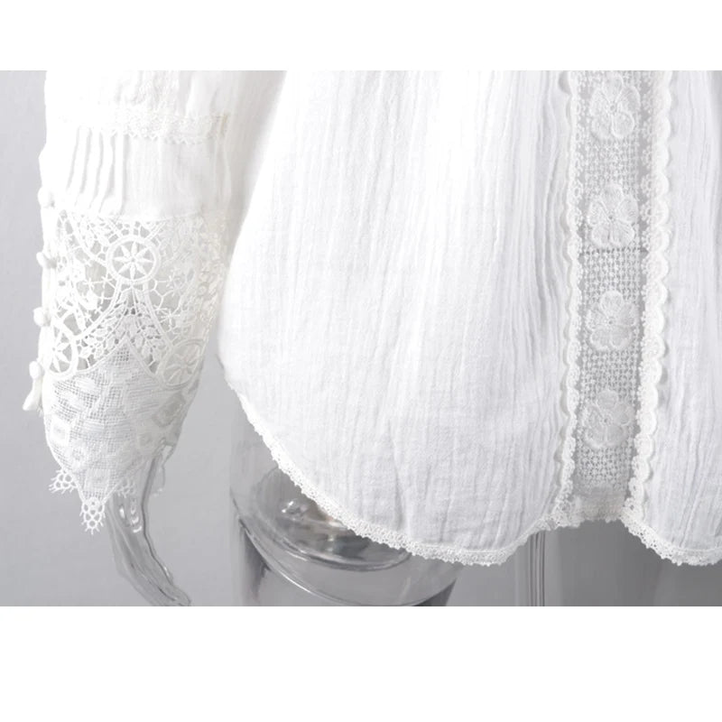 White Floral Lace V-Neck Blouses