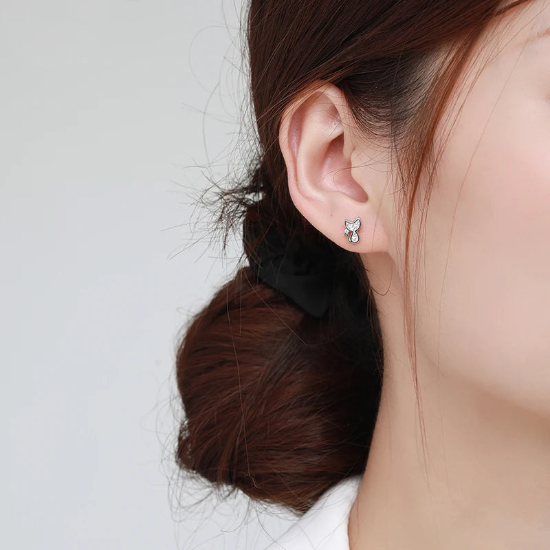 Cat Silver Stud Earrings 925 Sterling Silver Sparkling CZ