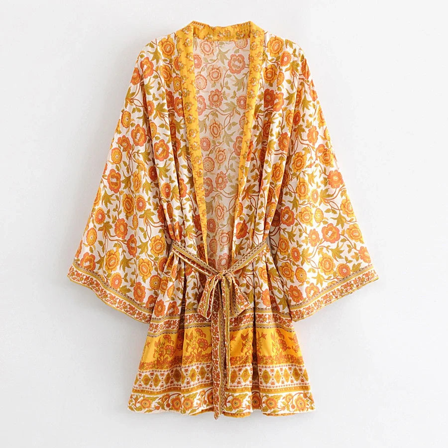 Boho Yellow Floral Print Kimono Blouse
