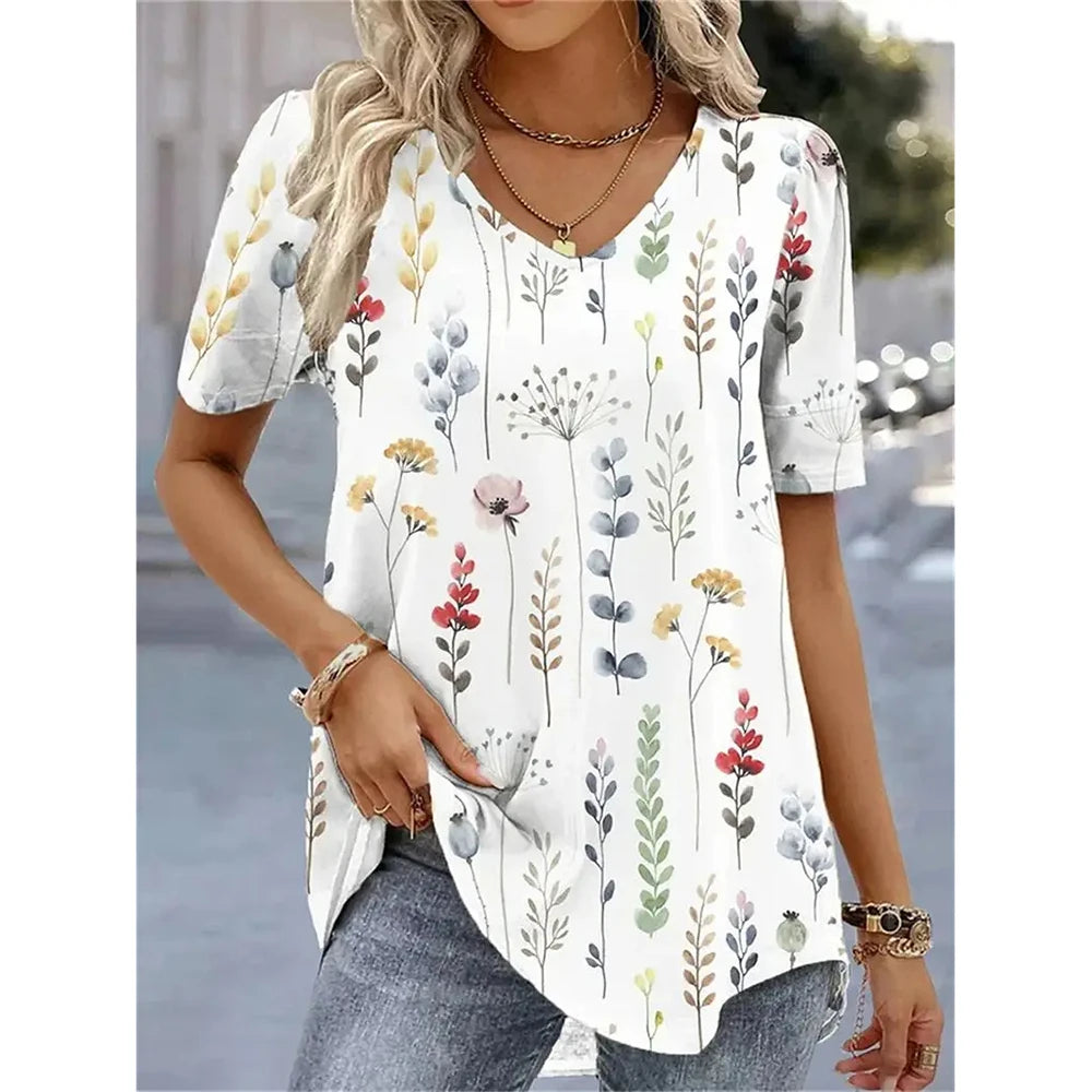 3d Flower Print Kawaii V-Neck