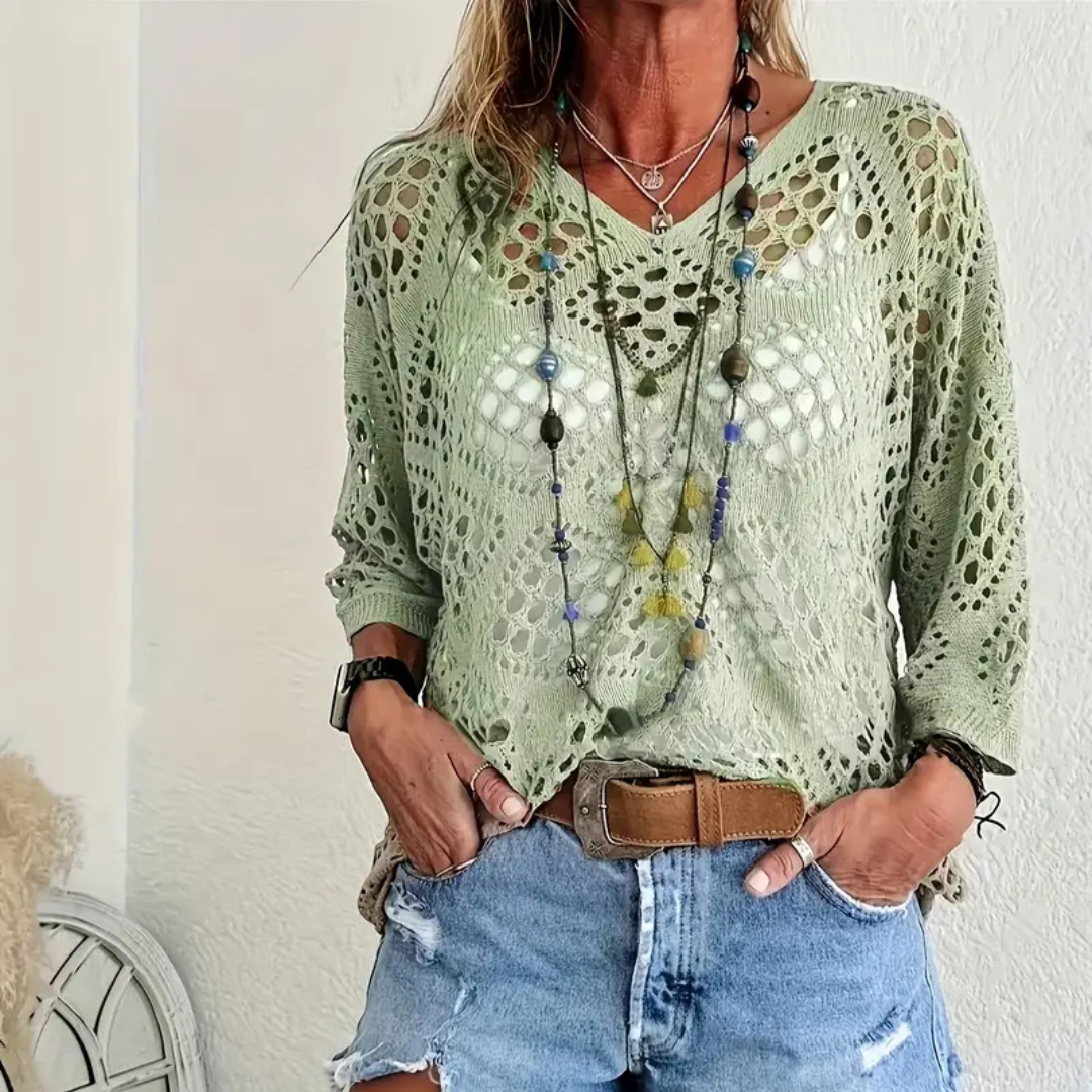 Green Bohemia - V-Neck Semi-Sheer Resort Style Pullover