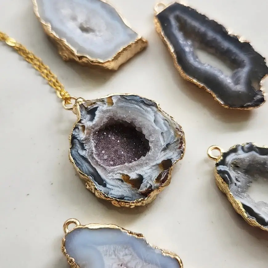 Gold Plated Geode/Agate Slice Pendant Necklace
