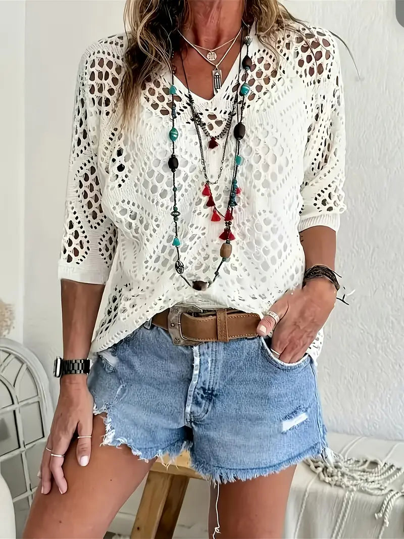 Green Bohemia - V-Neck Semi-Sheer Resort Style Pullover