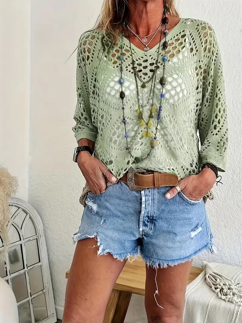 Green Bohemia - V-Neck Semi-Sheer Resort Style Pullover
