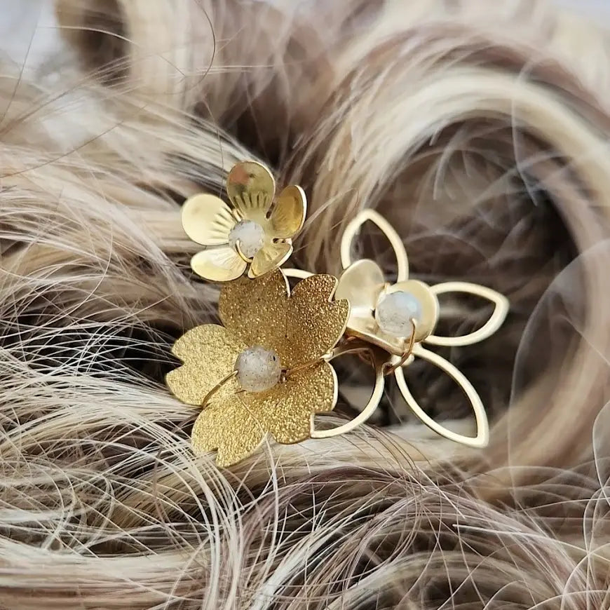 Brass Flower & Rainbow Labradorite Hairpins For Any Hairdo