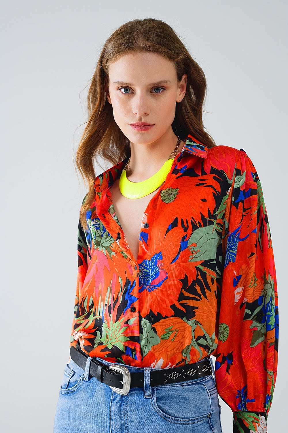 Floral Balloon Sleeves Chiffon Shirt in Black