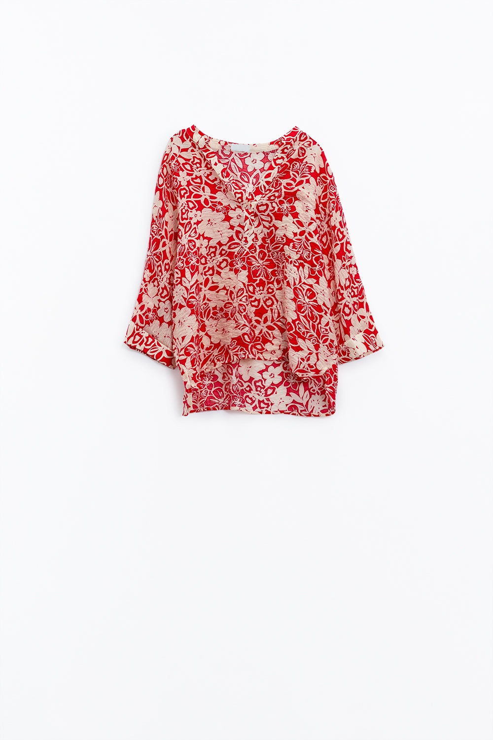 Relaxed Red Floral Print Blouse With Bell Sleeves