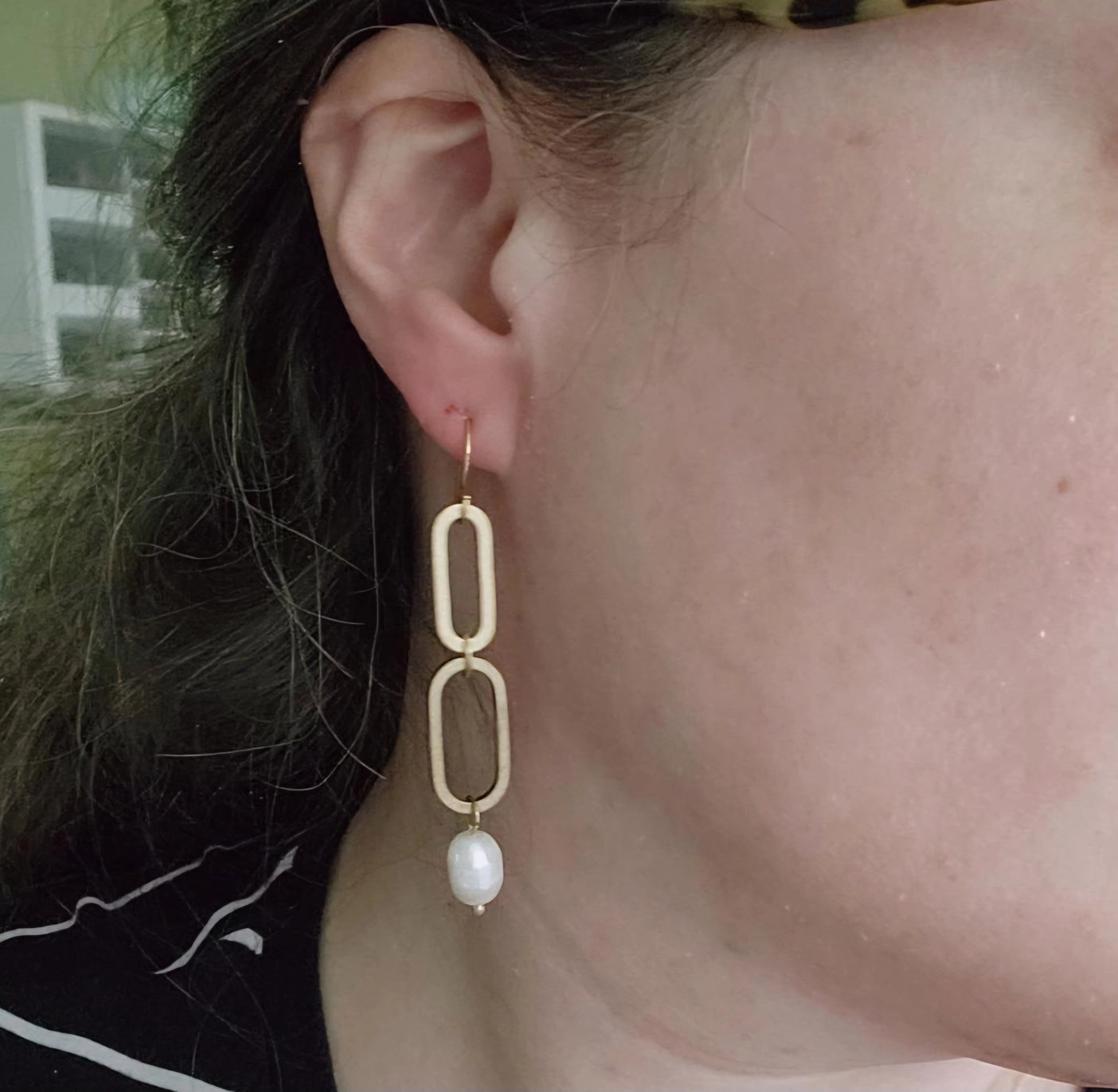Brass Oval, Lapis Lazuli and Pearl Statement Dangle Earrings