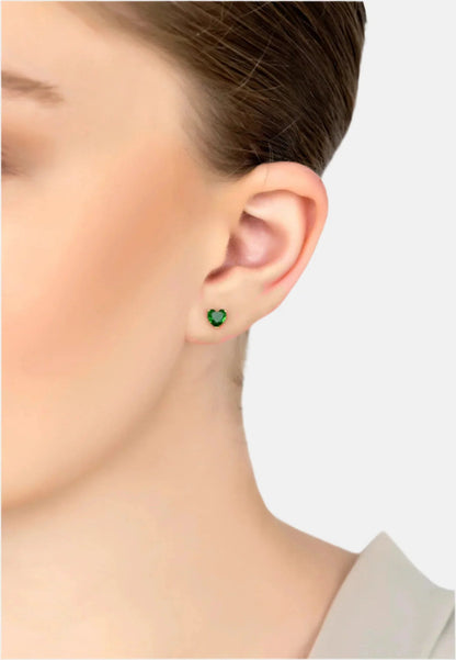 Asscher Cut Heart Stud Earrings Gold Emerald
