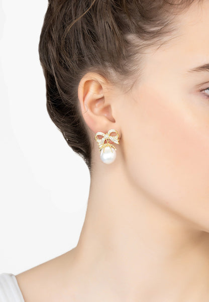 Baroque Pearl Ribbon and Bows Drop Earrings Gold