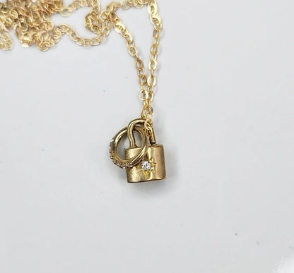 Brass and Cubic Zirconia Lock & Ring Charm Pendant Necklace