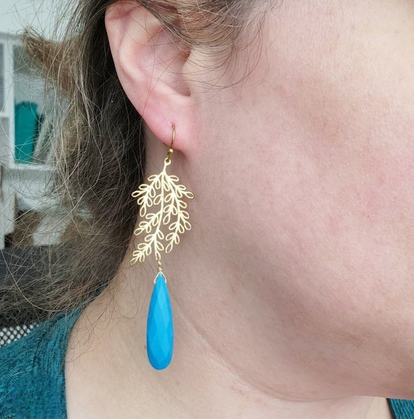 Turquoise Teardrop and Olive/Willow Leaf Statement Earrings