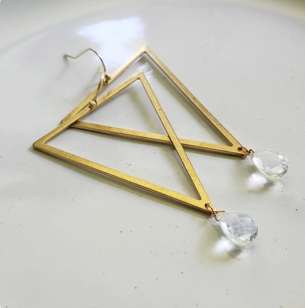 Bold Brass Triangles and Gemstone Statement Dangle Earrings