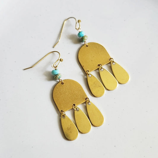 Natural Turquoise Pebble and Geometric Chandelier Earrings