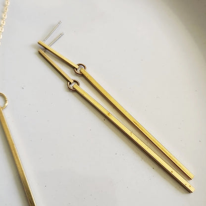 Brass Bar Long Dangle & Post Earrings and Pendant Necklace