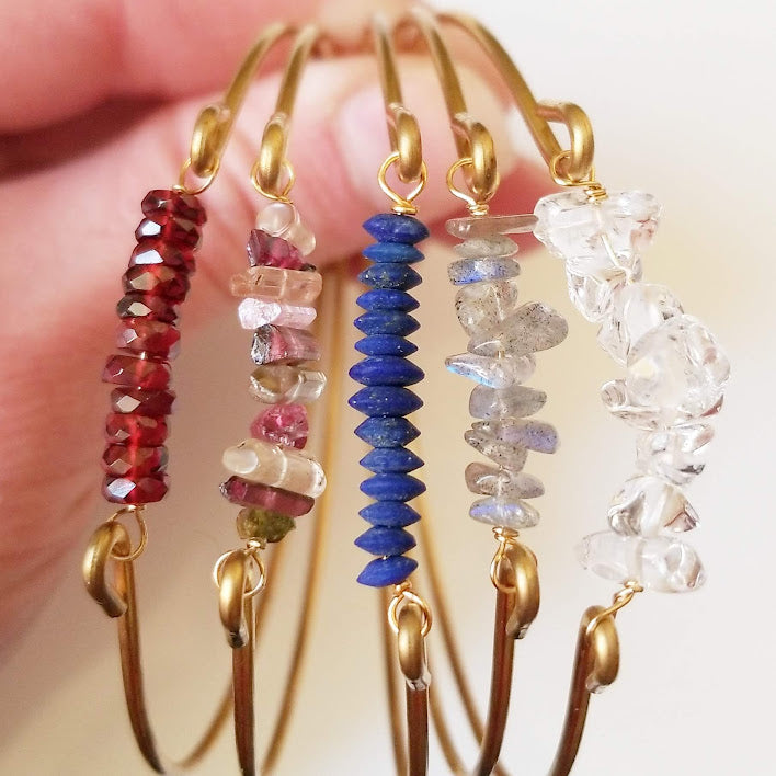 Natural Gemstone and Brass Stackable Beaded Bangle Bracelets