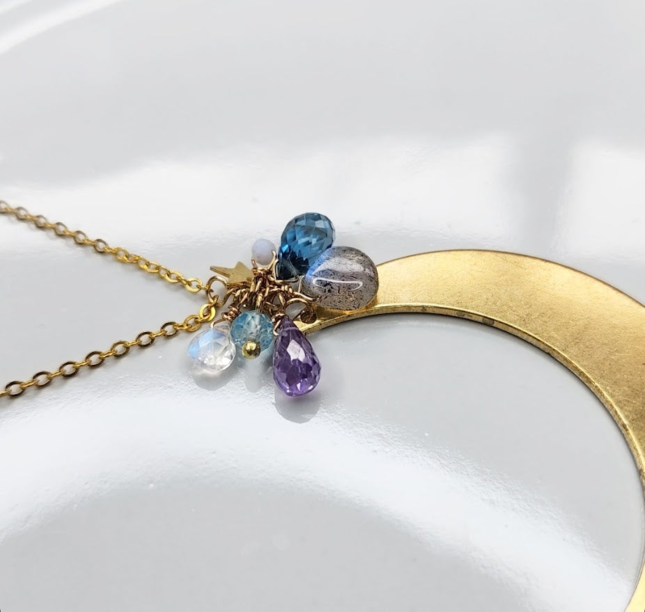 Gemstone Cluster with Moon & Star Zodiac Pendant Necklace