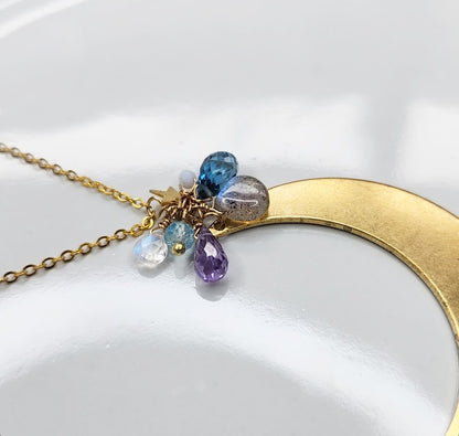 Gemstone Cluster with Moon & Star Zodiac Pendant Necklace