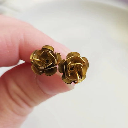 Antiqued and Golden Brass Rose Flower Post/Stud Earrings