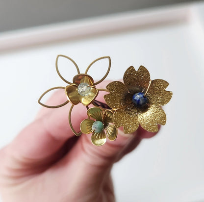 Brass Flower and Aquamarine, Turquoise and Lapis Hairpins