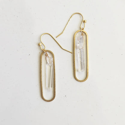 Clear Quartz Crystal and Brass Oval Pendant and Earrings