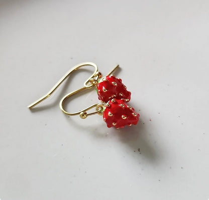 Strawberry Enamel and Brass Charm Dangle Earrings