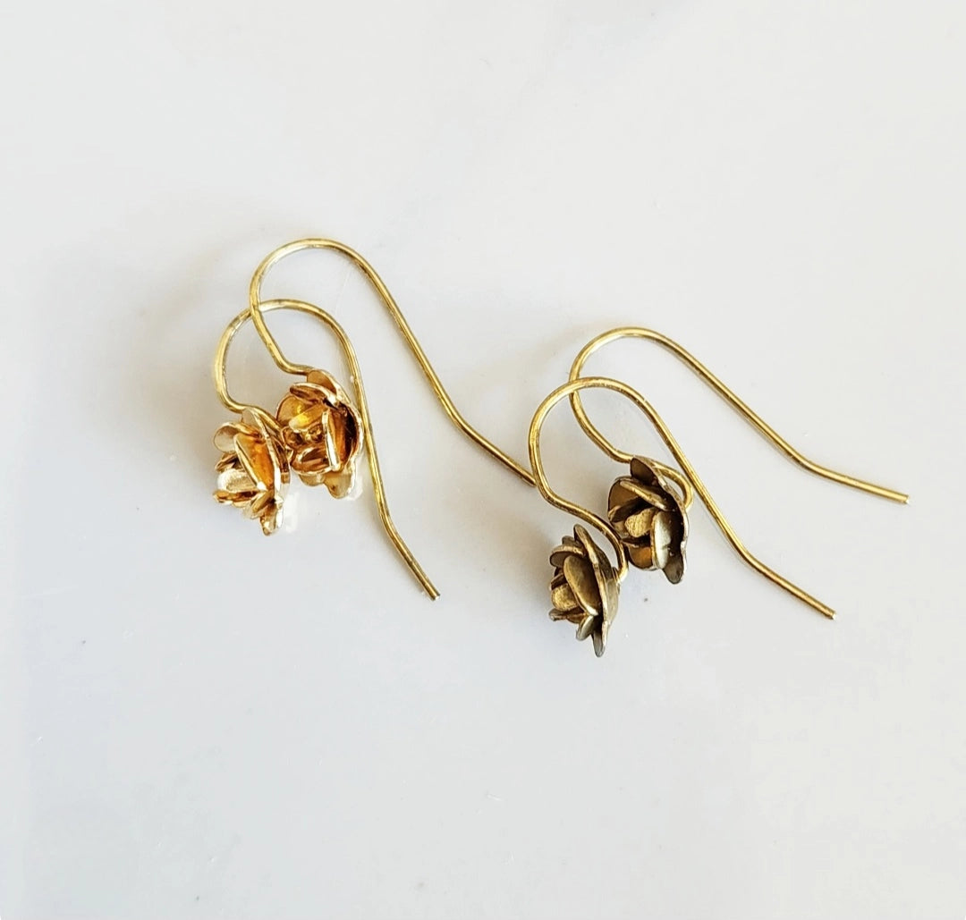 Antiqued and Golden Brass Rosette Flower Dangle Earrings