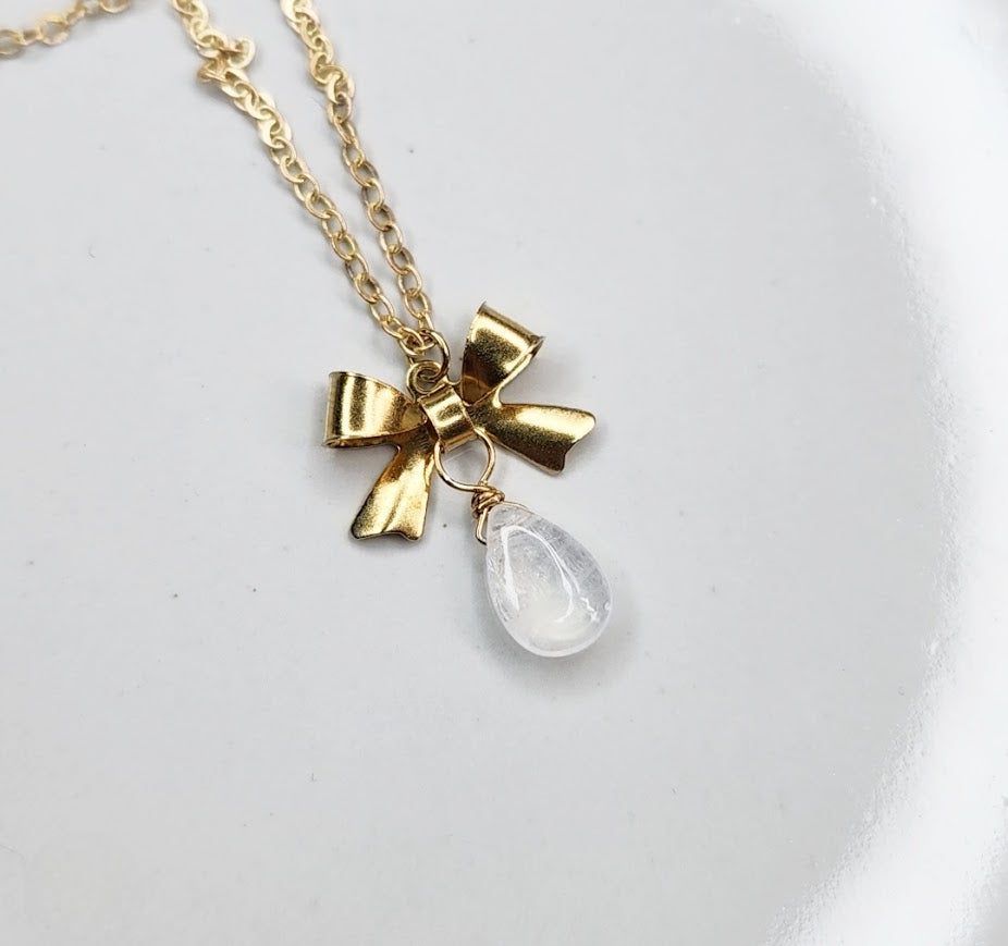 Rainbow Moonstone and Brass Bow Charm Matching Jewelry Set