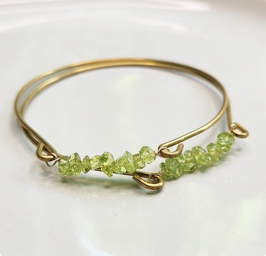 Natural Gemstone and Brass Stackable Beaded Bangle Bracelets