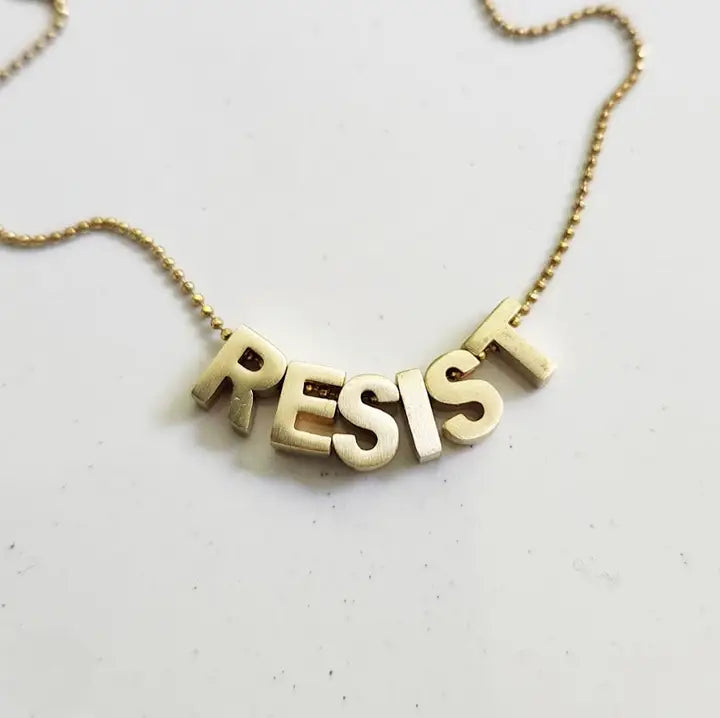 Resist Girl Power Mantra Brass Block Letter Beaded Necklace