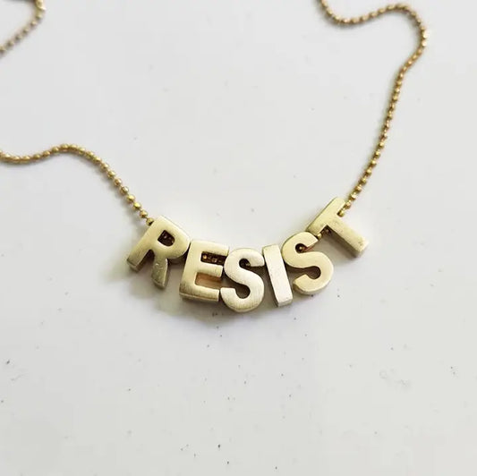 Resist Girl Power Mantra Brass Block Letter Beaded Necklace