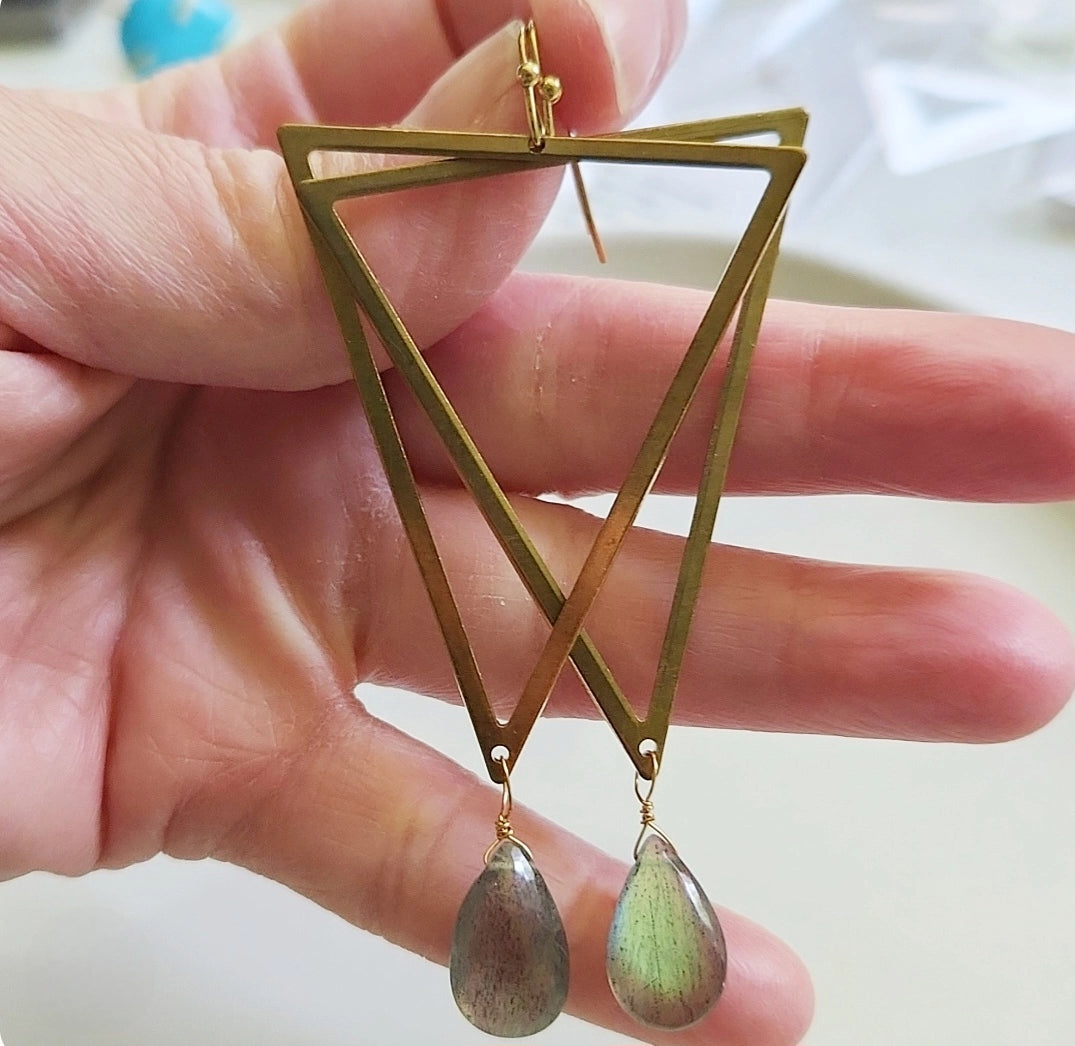 Bold Brass Triangles and Gemstone Statement Dangle Earrings