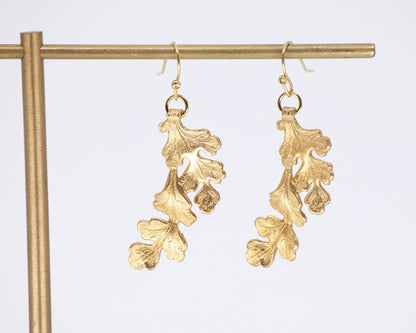 Brass Oak Leaf Cluster Earrings, Thanksgiving Style