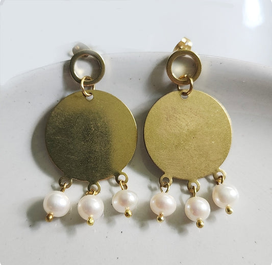 Freshwater Pearl and Brass Circle Chandelier Post Earrings