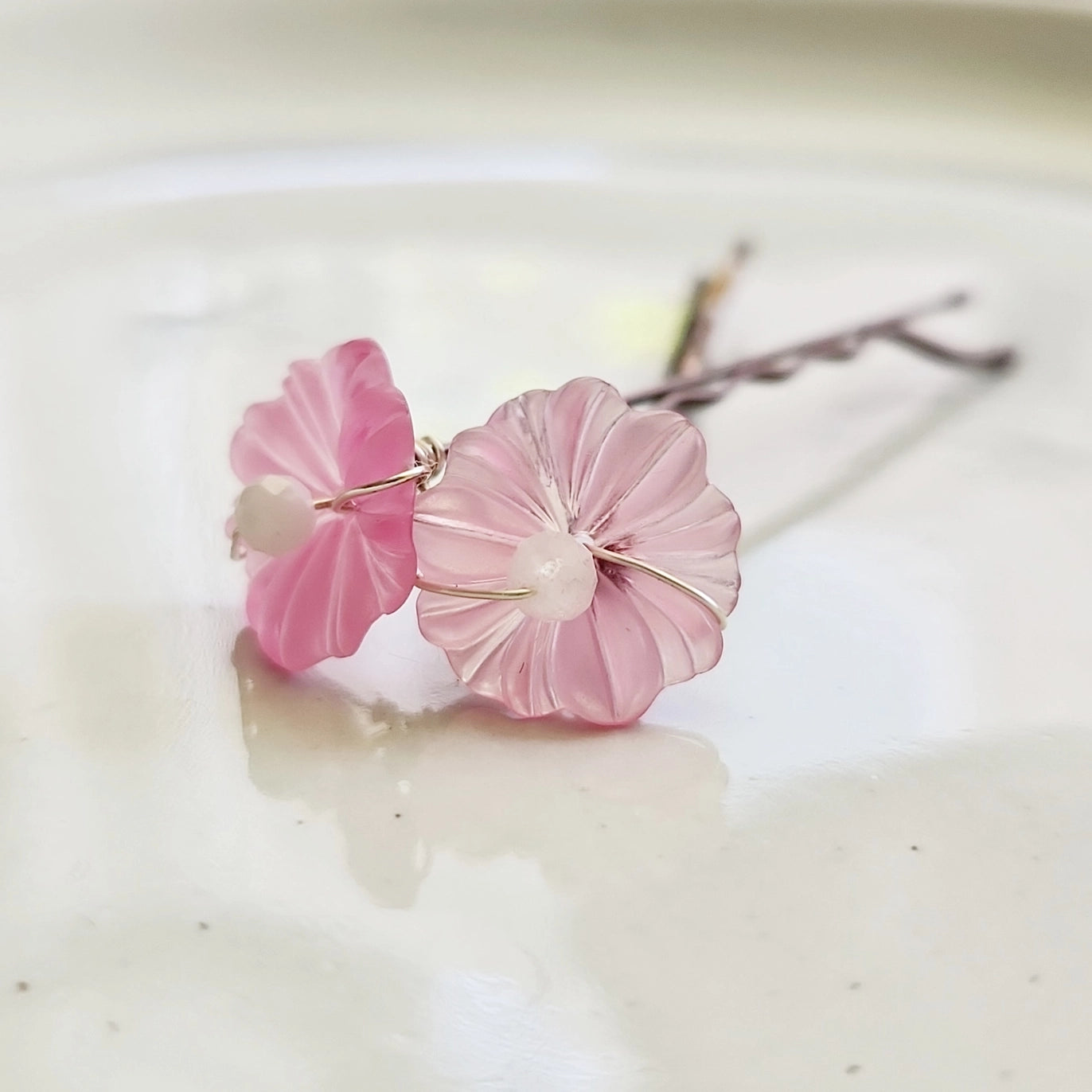 Light Blue, Pink & Moonstone Vintage Lucite Flower Hairpin