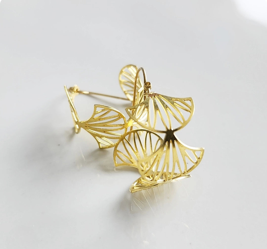 Brass Fern, Olive & Myrtle Leaf Hoop Dangle Earrings