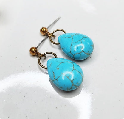 Turquoise Blue Howlite & Antiqued Brass Post Dangle Earrings
