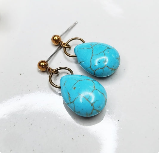 Turquoise Blue Howlite & Antiqued Brass Post Dangle Earrings