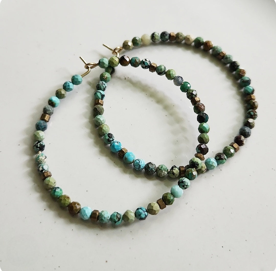 Blue Turquoise and Antiqued Brass Beaded Hoop Earrings