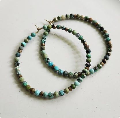 Blue Turquoise and Antiqued Brass Beaded Hoop Earrings