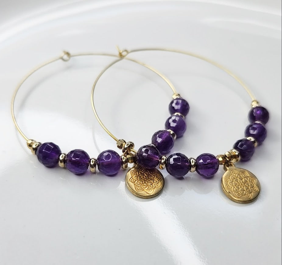 Amethyst & Turquoise with Lotus Charm Beaded Hoop Earrings
