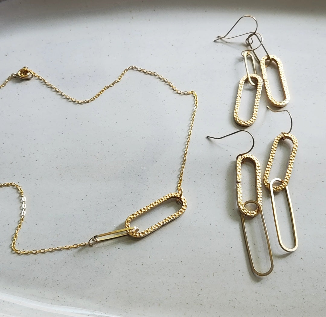 Textured Brass Paperclip Link Statement Dangle Earrings
